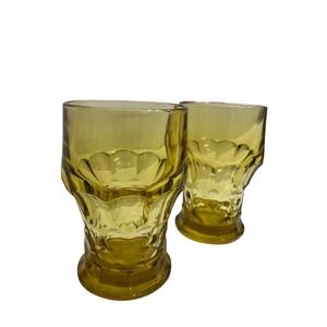 2 Vintage Anchor Hocking Georgian Honey‎ Comb Heavy Amber Glasses Glass Set 1970